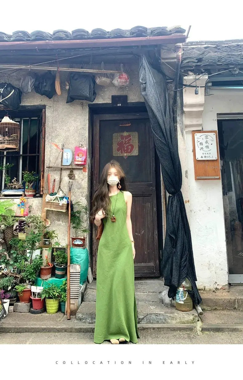 Ramie Linen Slip Dress 2025 Summer Women Sleeveless Maxi Dress Organic Minimalist Aesthetic Waist Defined Sustainable ResortWear