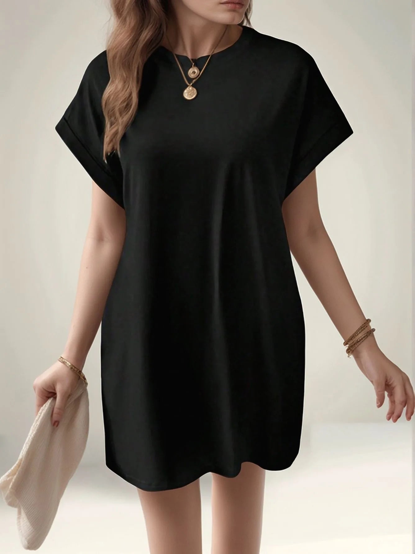 2025 European and American new casual solid color round neck bat sleeve invisible pocket loose short sleeved dress