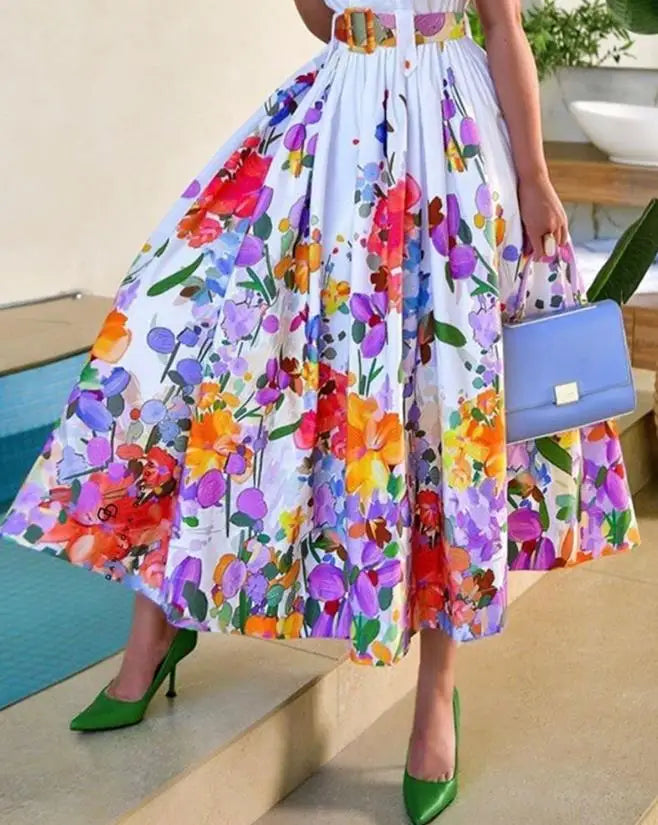 2023 Summer New Casual Commuting Women's Dress Fashion Elegant Commuting Floral Print Ruched Buttoned Shirt Dress Ottd
