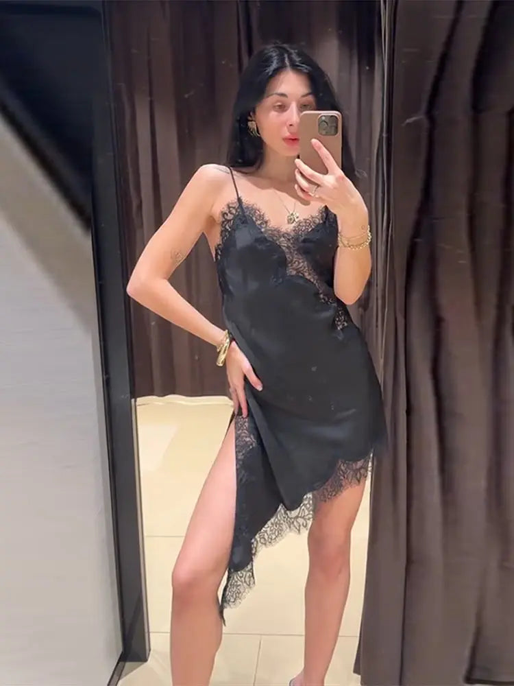 Sexy Sling Dress Women V Neck Hollow Out Backless Patchwork Lace