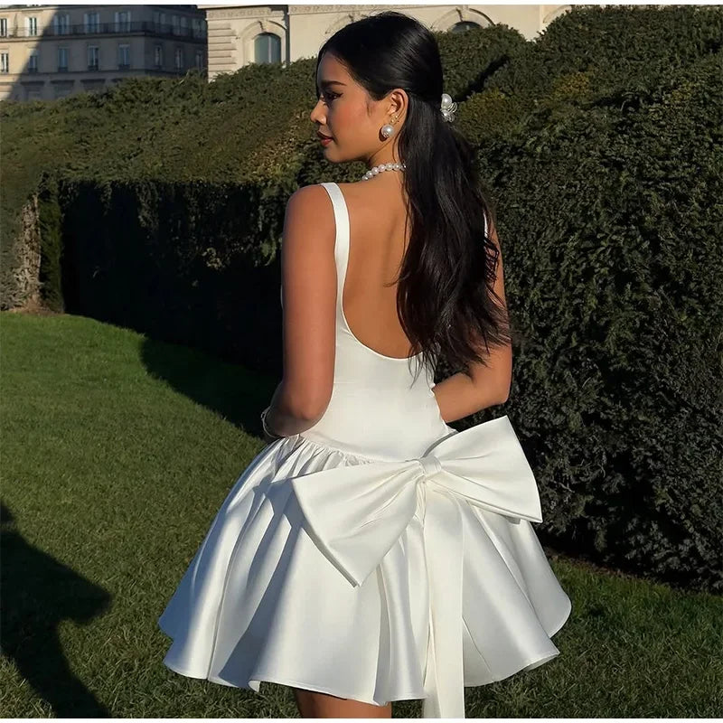 Elegant 3d Bow Backless White Mini Dress Women Fashion Sling A-line Pleated Vestidos Spring Summer Lady Party Evening Gown