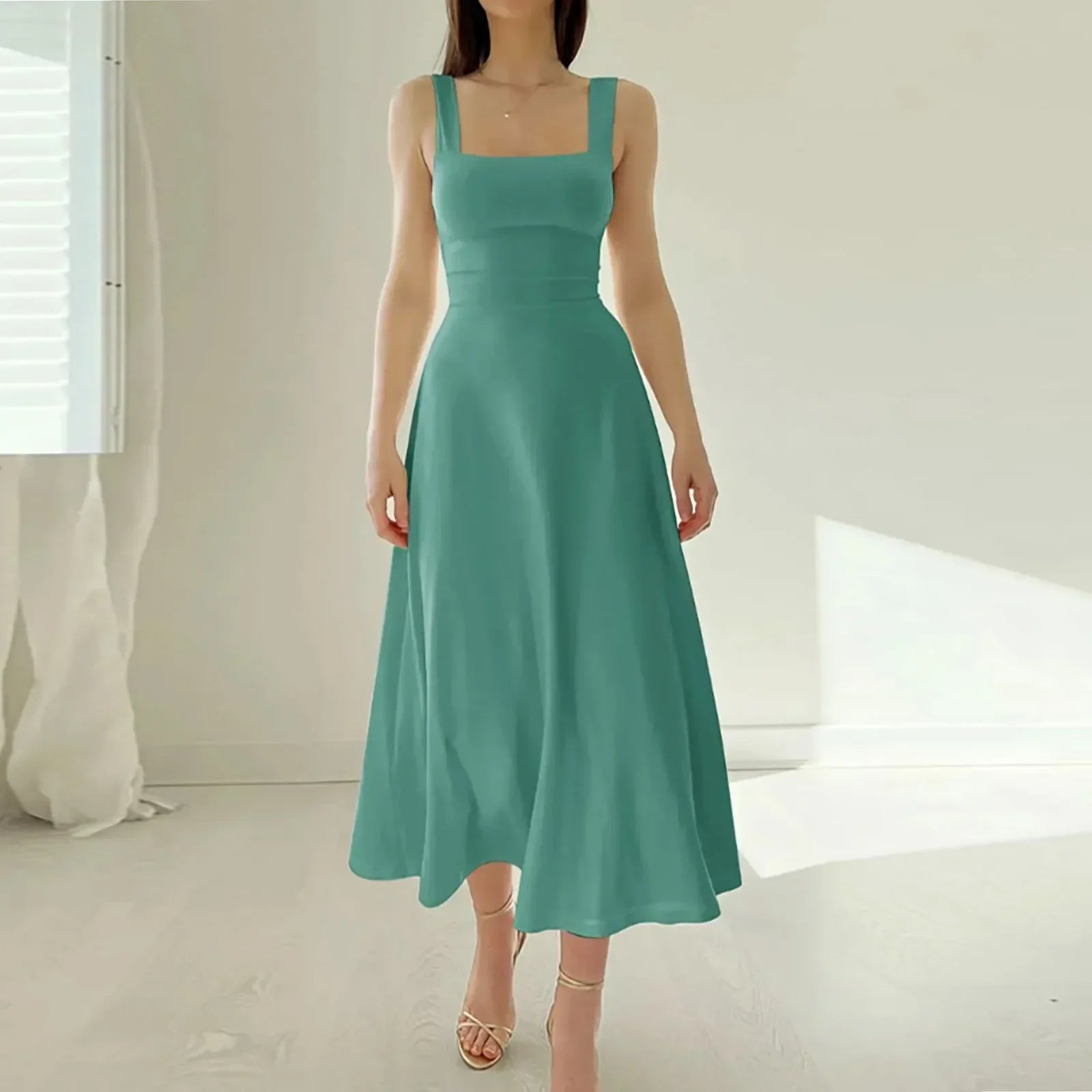 Women's Sleeveless Square Neck Back Lace Dress