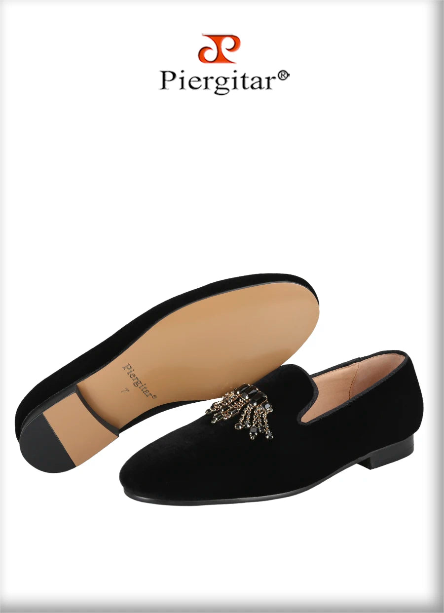 Piergitar Black Color Men Velvet Shoes With Handmade Rhinestones Buckle For Party And Wedding Classic Model Slip-On Loafers