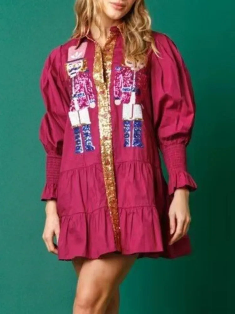 Women Long Sleeve Sequin Shirt Dress