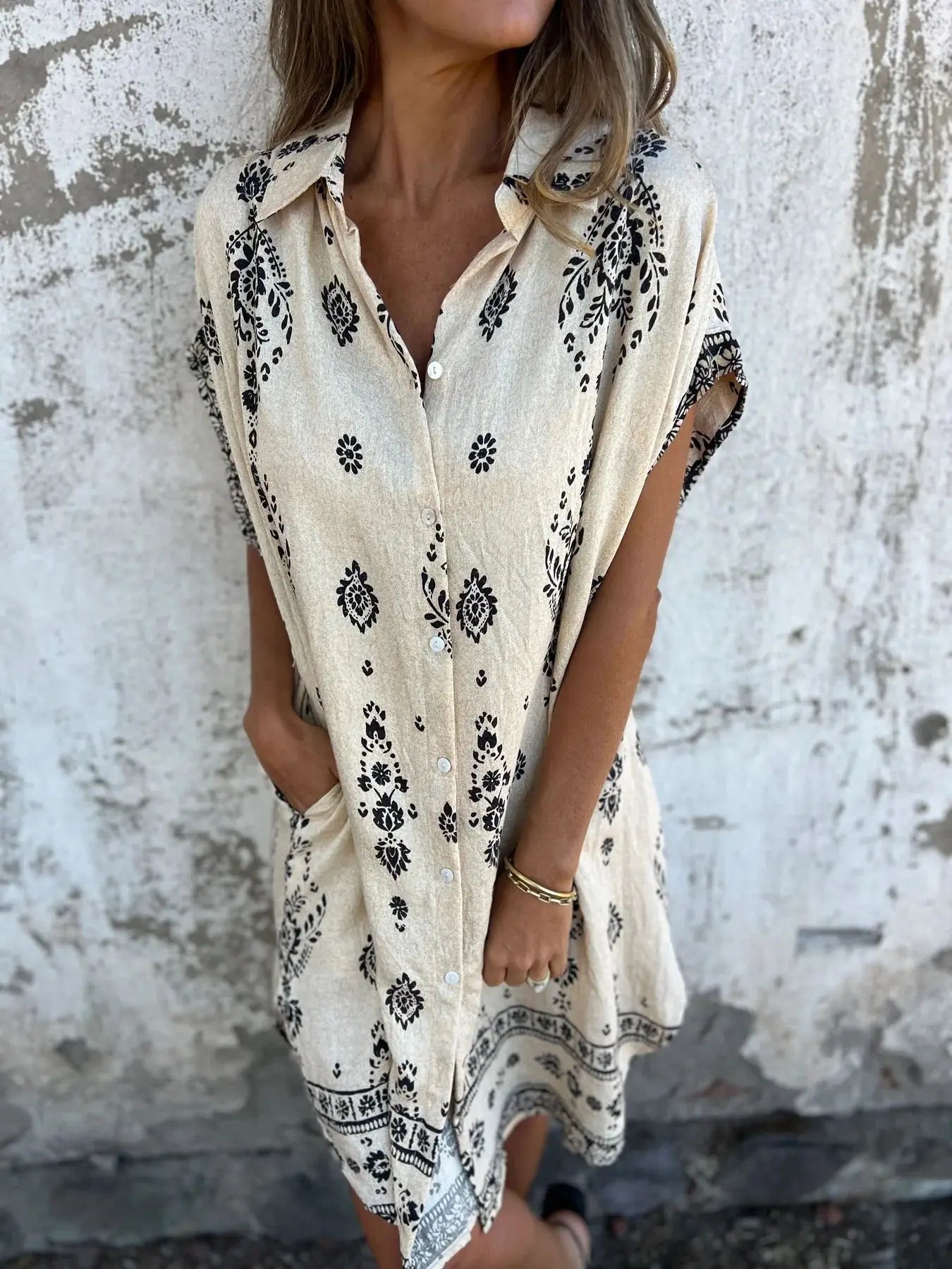 2025 New Women's Shirt Dress Loose Button Cardigan Fashion Printed Short Sleeve Pocket Cotton Linen Blend Vacation Beach Skirt