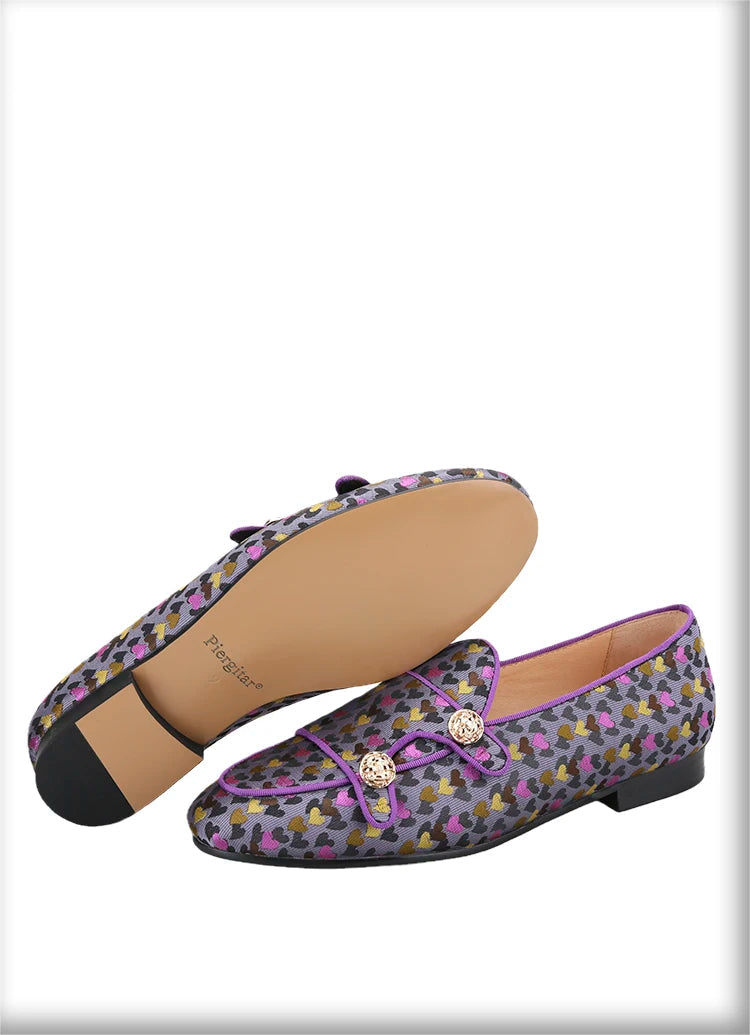 Men's slip-on monk shoes with gold buttons and a violet color silk heart jacquard, made by hand.