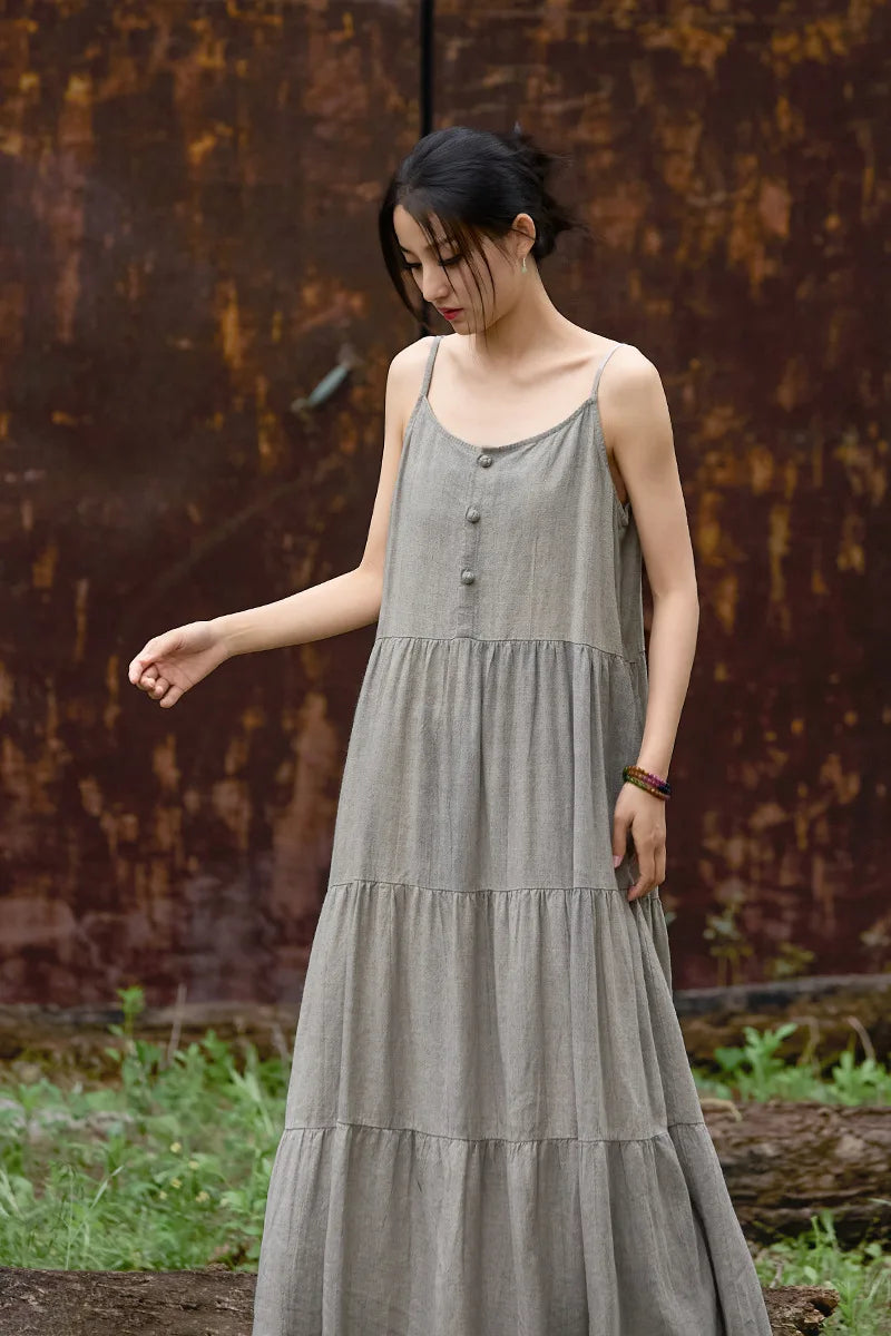 Cotton Linen Long Spaghetti Strap Dress