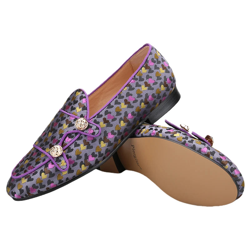 Men's slip-on monk shoes with gold buttons and a violet color silk heart jacquard, made by hand.