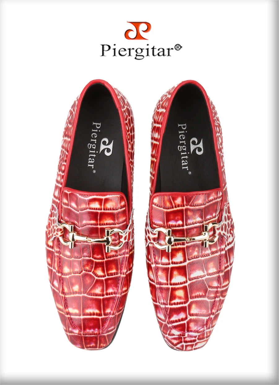 Piergitar Classic Model Gold Horsebits Men's Loafers Red And Light Green Crocodile Pattern Calfskin Handmade Slip-On Slippers