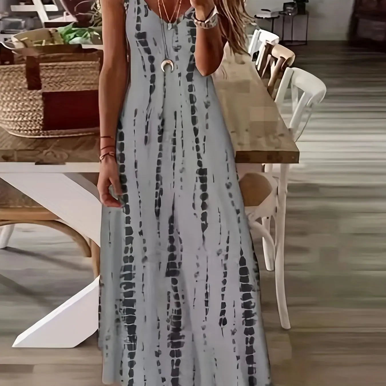 Blue Tribal Pattern Print Beach Vacation Casual Suspender Dress Fashionable Casual Sleeveless Loose Suspender Ankle Length Dress