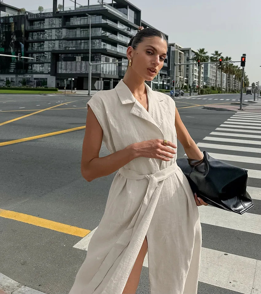 2025 Autumn New Style Commuter Long Skirt For Women Elegant Fashionable Solid Color Lapel Sleeveless High Waist Lace-up Dress