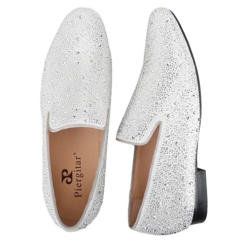 Piergitar Sliver Genuine Leather Men's Loafers With Handmade Bright And Shiny Rhinestones For Fashion Party/Banquet Red Bottom