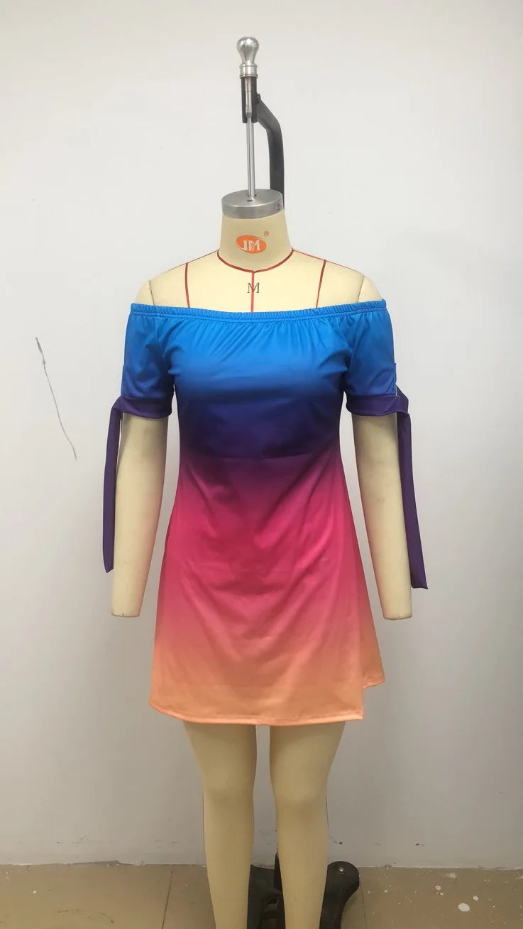 3XL Women's Casual Gradient Off Shoulder Short Sleeve Dress Bow Print Mini Dress