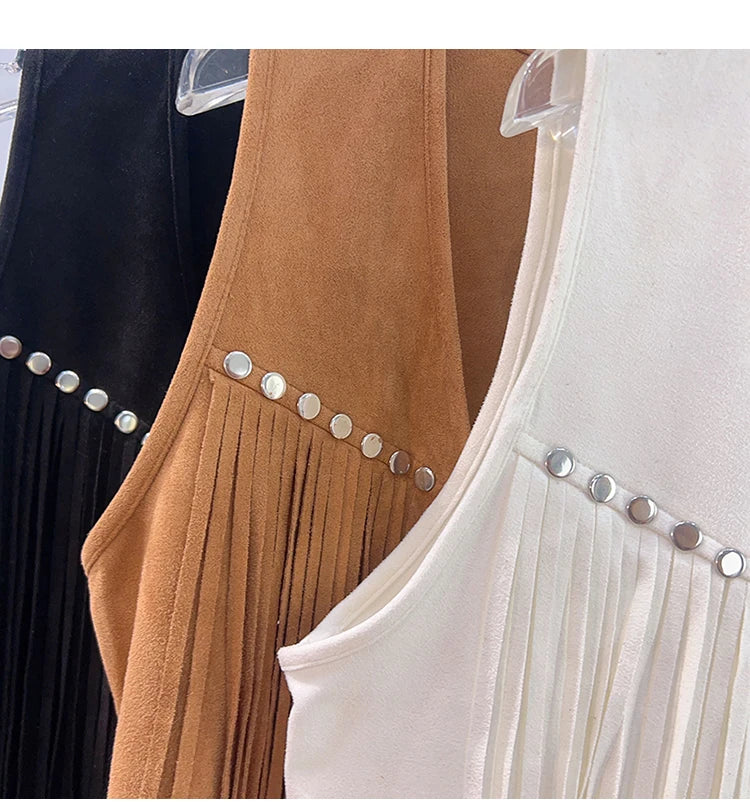 Retro Western Cowboy Style Soft Suede Tassel Vest Spring Autumn Sleeveless Cardigan Women Casual Waistcoat Sweetwear