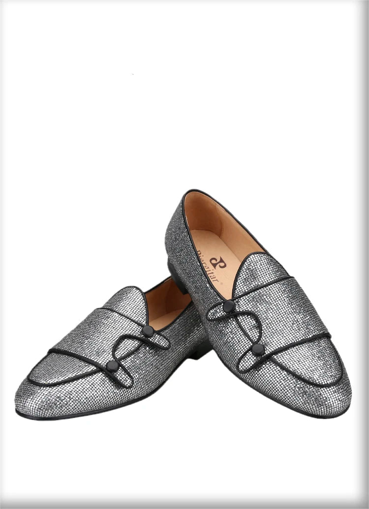 The New Style Square Glittering Silver Belgian Loafers with Double-Monk Moccs Handmade in GuangZhou