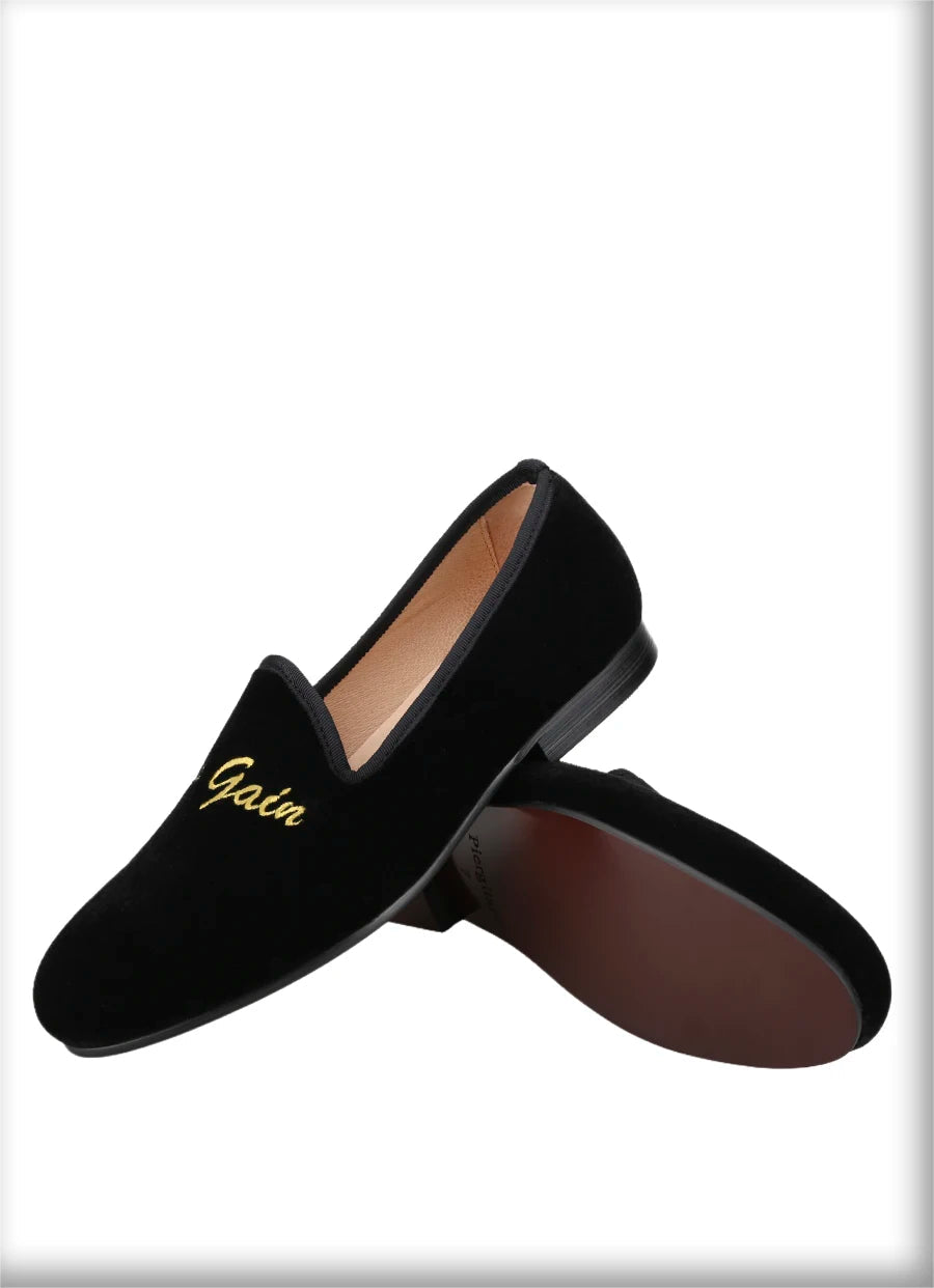 Black Velvet Moccasins with Gold Personality Embroidery for Party and Banquet Handmade Slip On Loafers