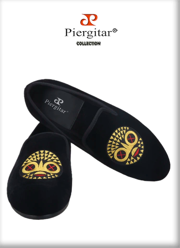 Piergitar New Arrival Black Velvet Men's Loafers Handmade African Tribal Embroidery Man Smoking Slippers For Pary And Wedding