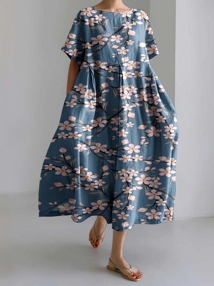 2024 Women's New Round Neck Long Casual Summer Dress Large Size Fresh Print