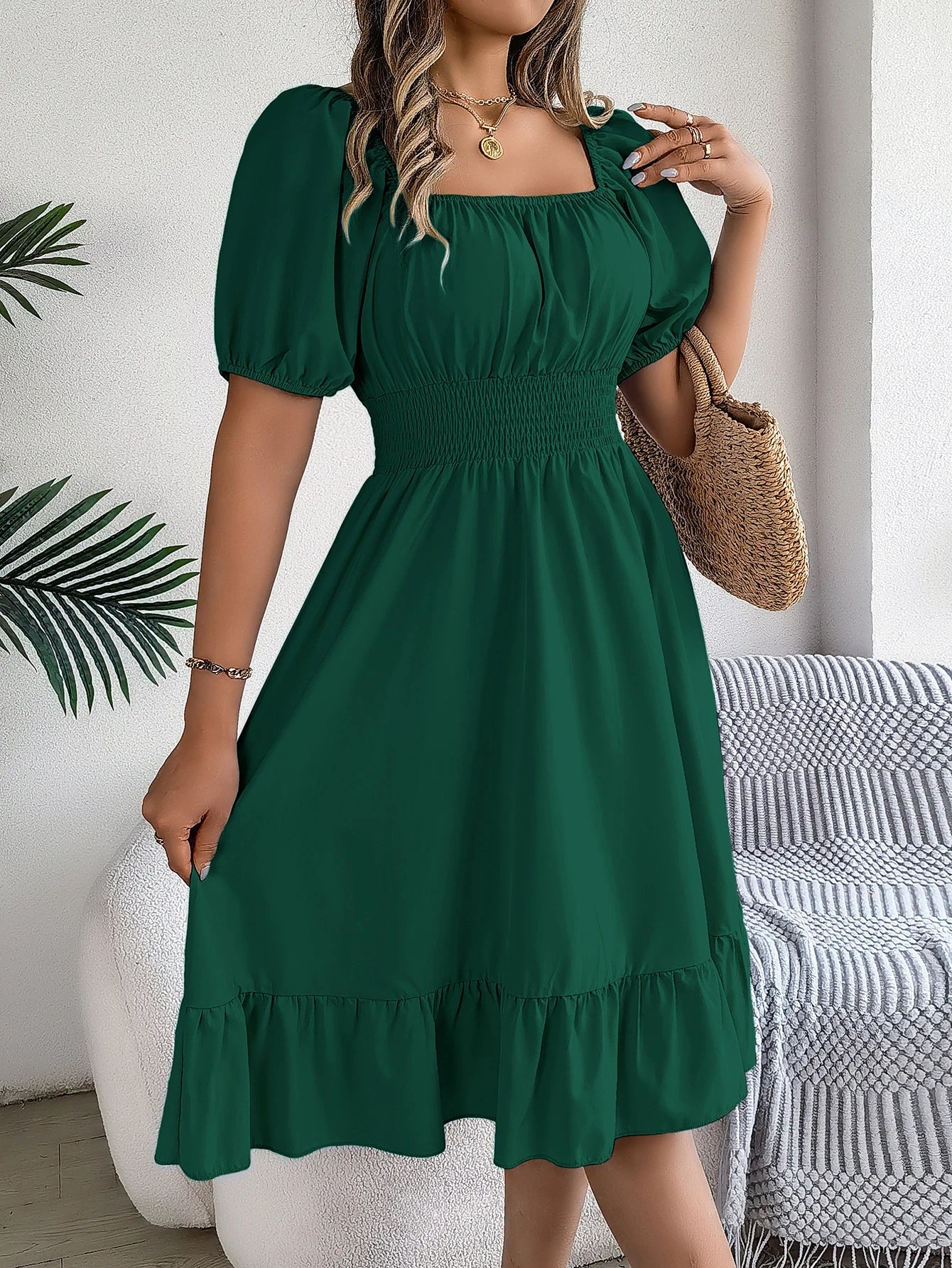 2024 New Fashion Solid Puff Sleeve Square Neck Ruched Bust Ruffle Hem Wasit Dress, Women's Clothing