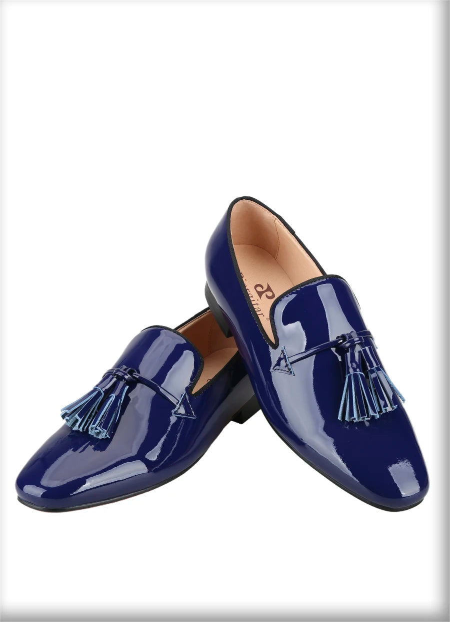 2024 New Model Royal Blue & Black Patent Leather Mens Tassels Shoe for Fashion Party Handmade Slip On Loafers