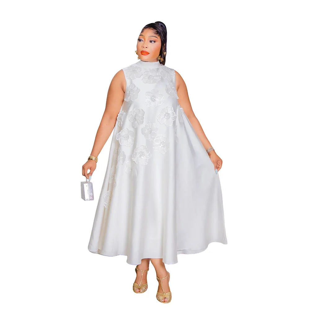 Women Sleeveless Loose 3D Flower O-neck Dress 2025 Summer Bodycon African Street Midi Maxi
