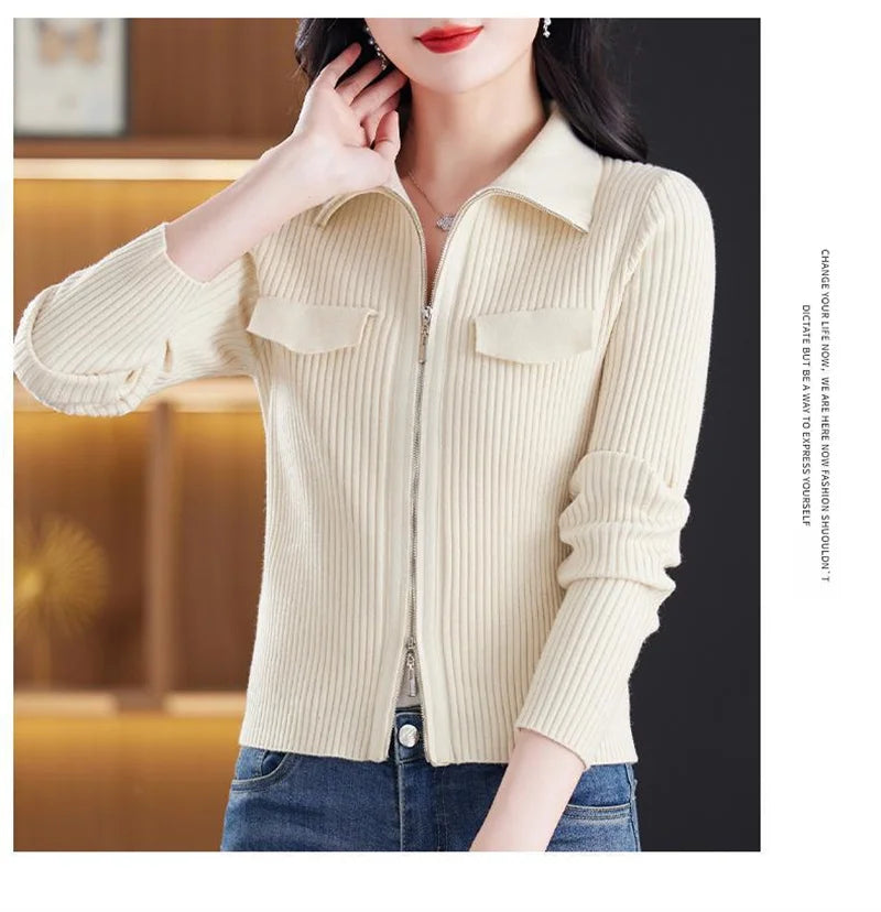 Spring Autumn Women Knitted Sweater Cardigan Short Jacket 2025 New Korean Fashion Zipper Solid Turn-Down Knit Coat Female Tops