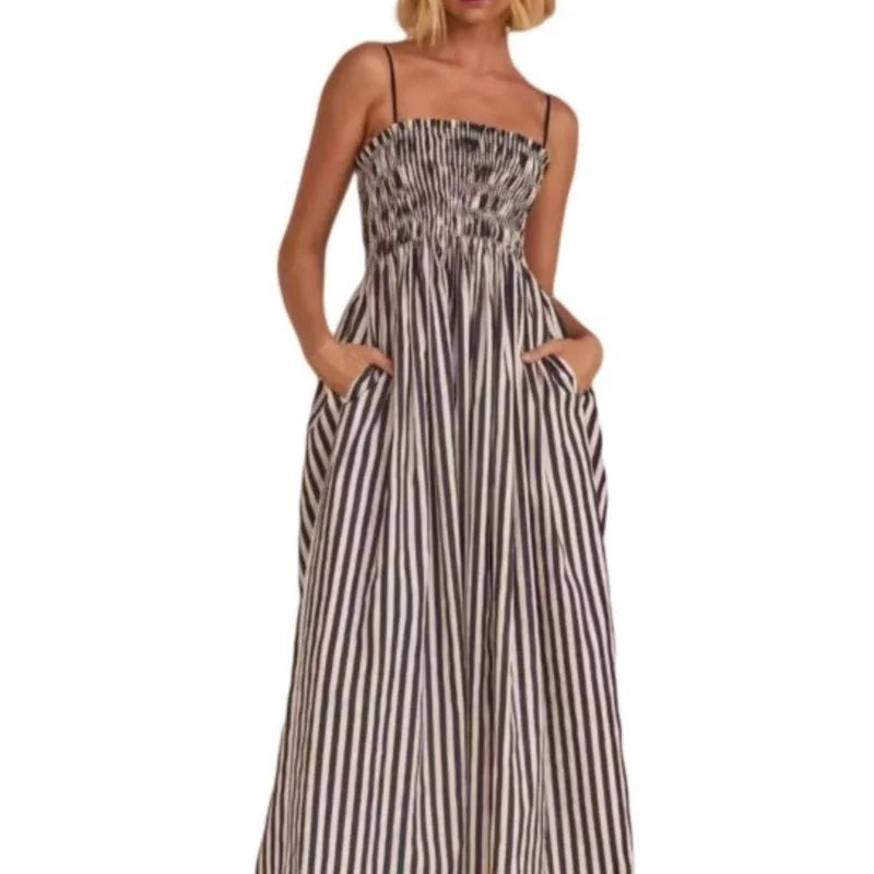 2025 Women's Summer Style Striped Rubber Elastic Sexy Big Swing Bag Suspender Dress Club Clothing Vestidos
