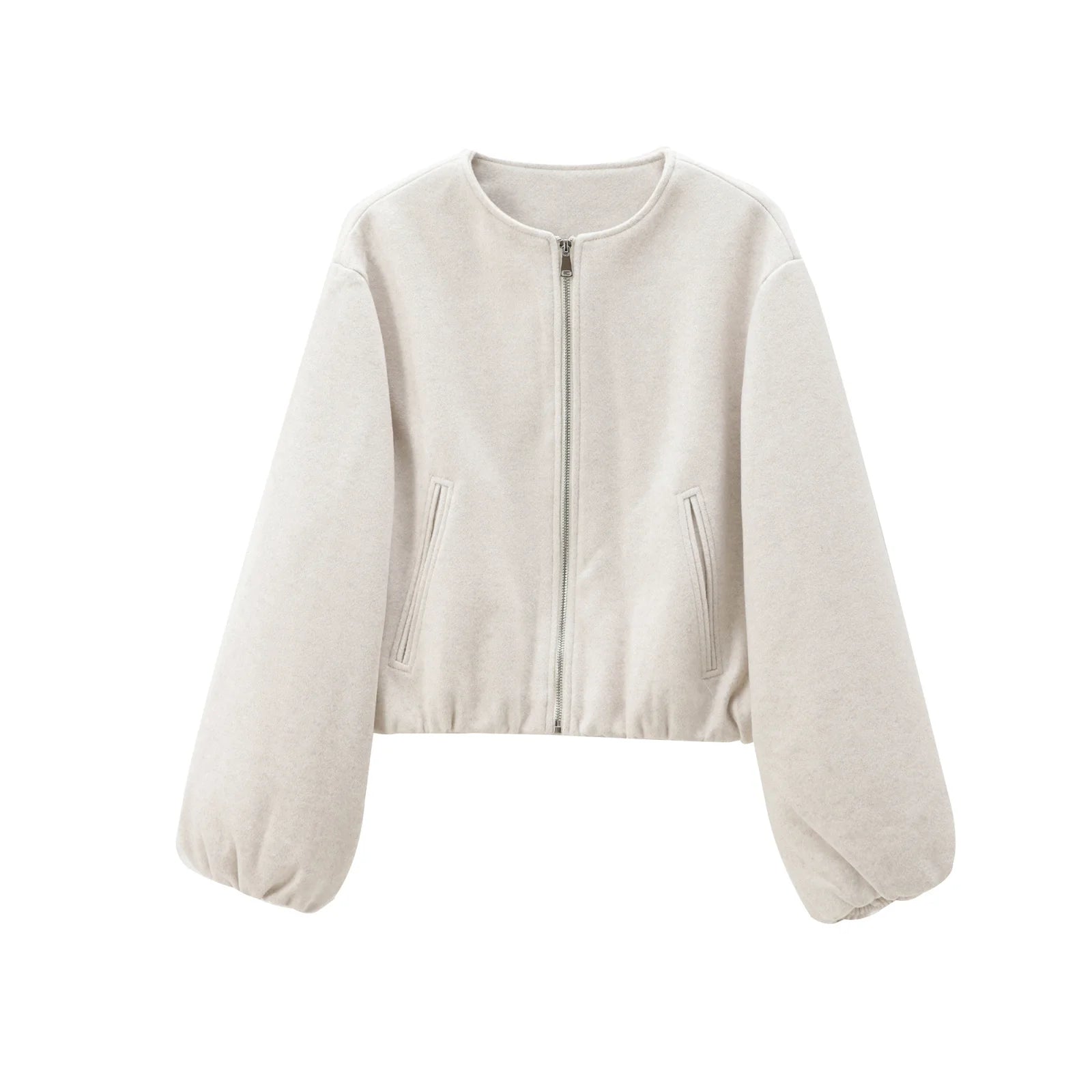 TRAF Outerwears Cropped Bomber Jacket Women Autumn Long Sleeve Faux Wool Coats For Woman Winter Zip Up Gray Beige Short Coats