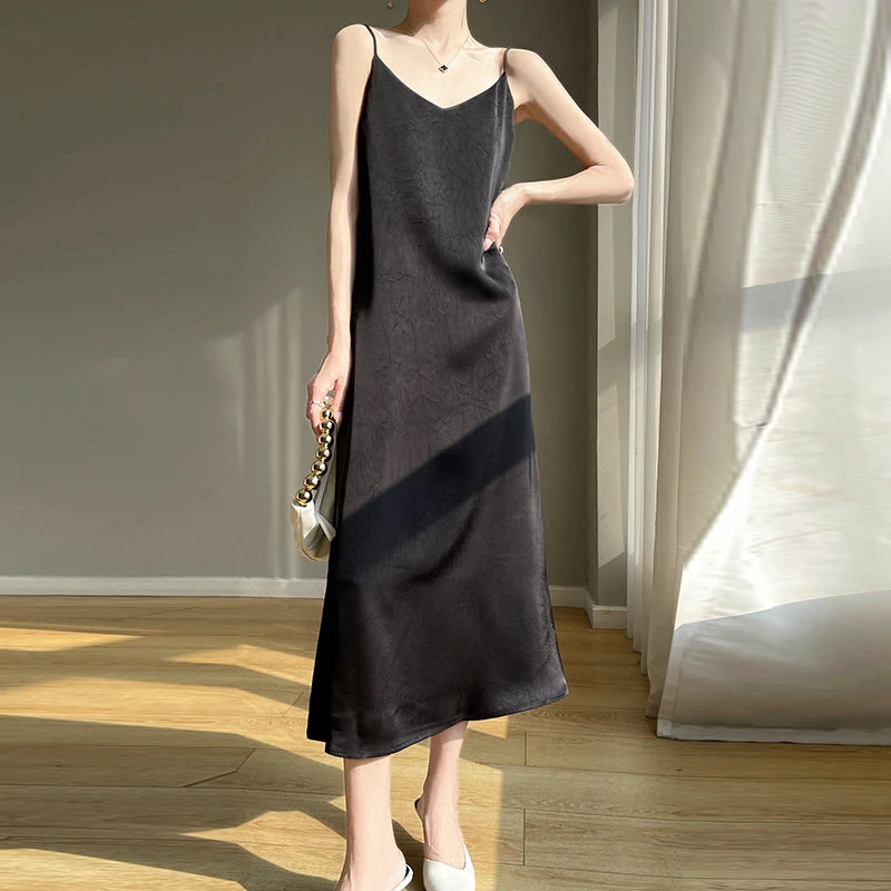 2025 New 100% Anti Wrinkle Mulberry Silk Strap Dress for Women's Summer New Loose Long Skirt