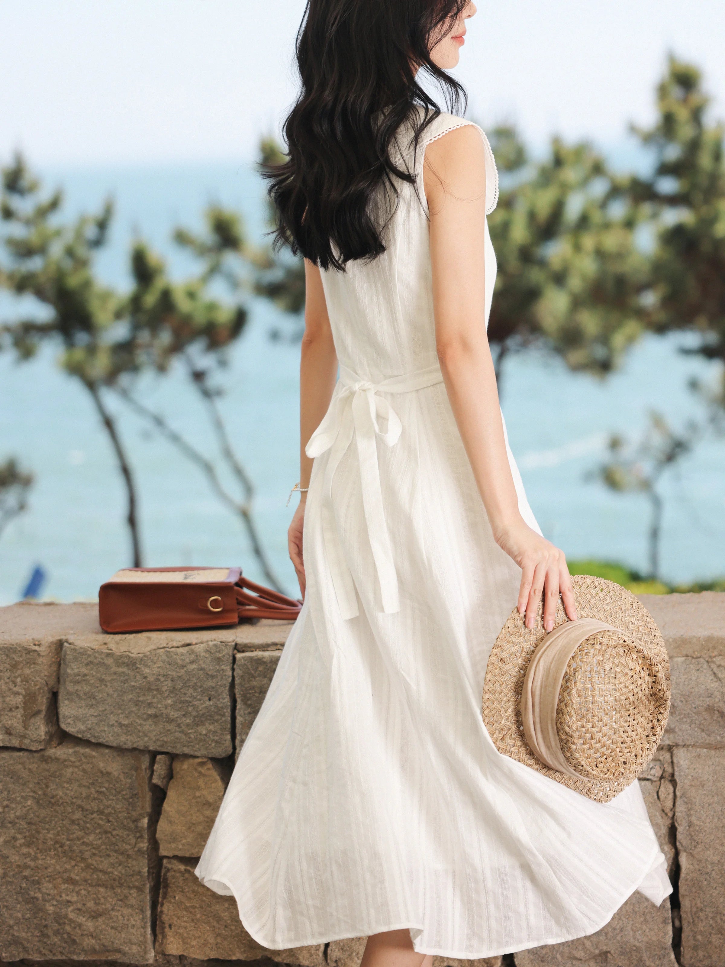White Bow Jacquard Sundress Women Sweet Summer A-Line Dress with Tie Straps Petite Fit Flowy Midi Dress Cute Vacation Daily Wear