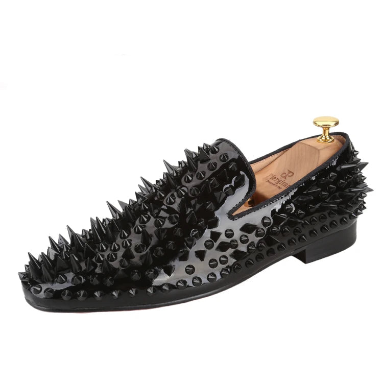 Black Patent Leather Loafers with Handmade Different Shapes of Spikes for Fashion Party CL Brand Red Sole Shoes