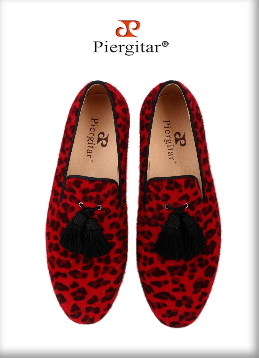 Piergitar Red And Black Animalier-Printed Superior Velvet Slippers With Handmade Silk Fringed Tassels Slip-On Men's Loafers