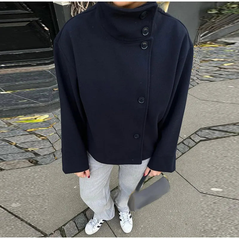 Stand Collar Women Winter Woolen Coats 2025 Spring Single Breasted Loose Female Long Sleeve Jacket Office Lady Street Short Coat