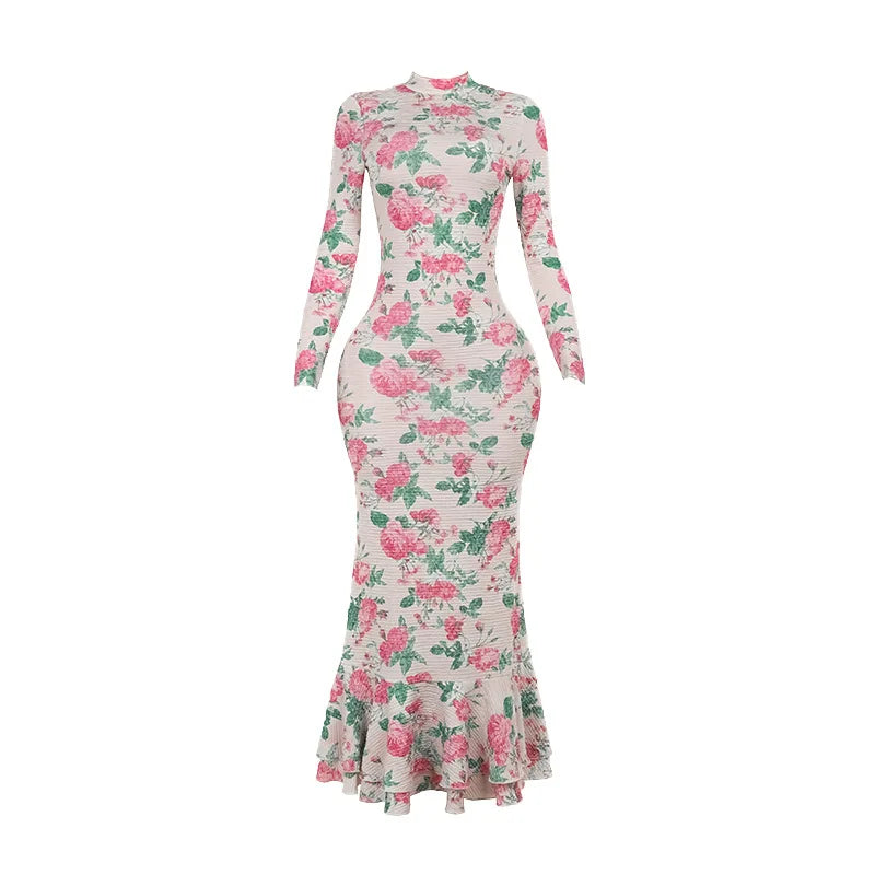 Temperament long sleeve slim long printed dress women's new autumn fashion elegant long dress