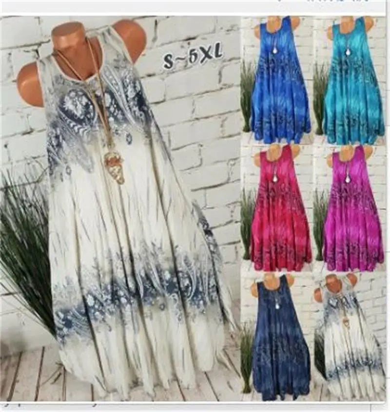 Elegant Floral Printed Lace Stitching O-Neck Sleeveless Women Summer Loose Tank Dress 2024