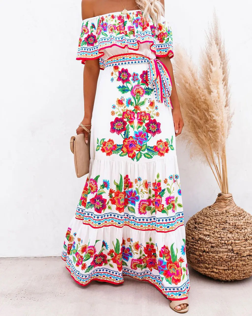 2024 Spring/Summer New Women Retro Fashion One Shoulder Red Flower Printed Waist Collection Long Style Large Swing Casual Dress