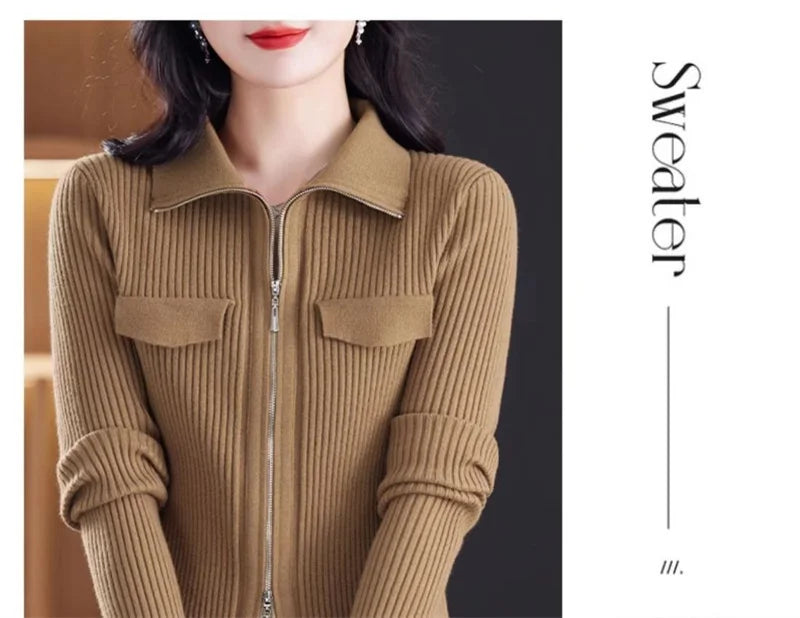 Spring Autumn Women Knitted Sweater Cardigan Short Jacket 2025 New Korean Fashion Zipper Solid Turn-Down Knit Coat Female Tops
