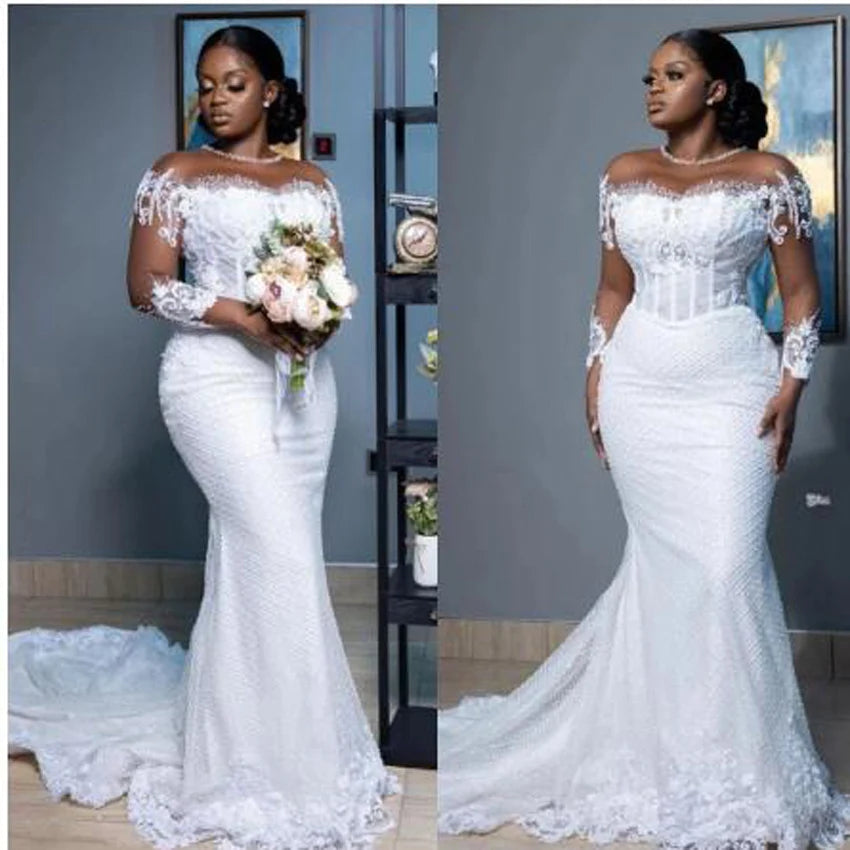 Customized Sheer Long Sleeves Lace Bridal Gown