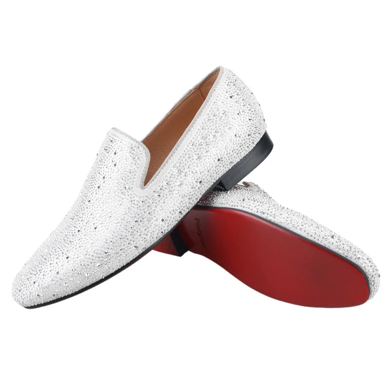 Piergitar Sliver Genuine Leather Men's Loafers With Handmade Bright And Shiny Rhinestones For Fashion Party/Banquet Red Bottom