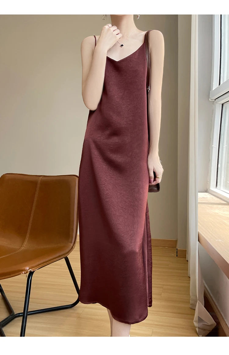 2025 New 100% Anti Wrinkle Mulberry Silk Strap Dress for Women's Summer New Loose Long Skirt