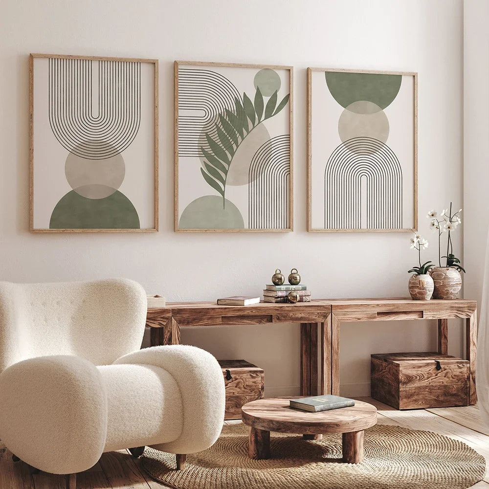 Sage Green Botanical Abstract Boho Geometry Wall Art