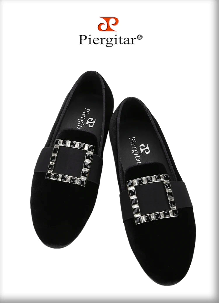 Piergitar Black And Silver Rhinestones Square Buckles Men Velvet Shoes For Wedding Or Party Handmade Slip-On Loafers Plus Size