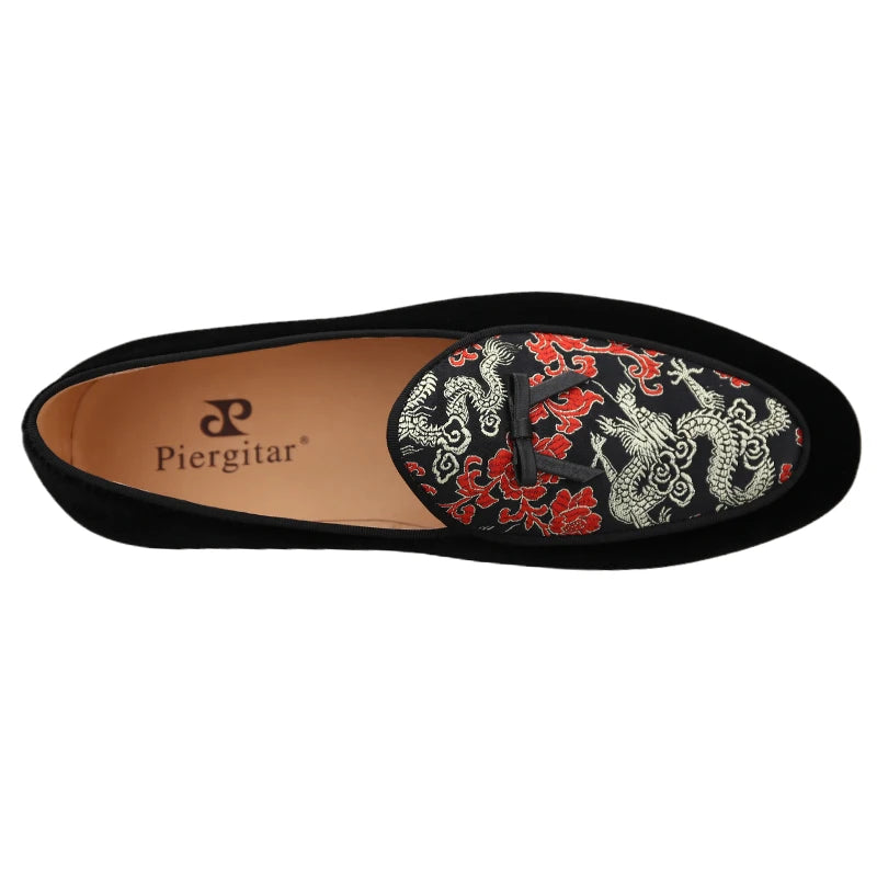 New Black Velvet Thread Dragon Print Satin Belgian Loafers for Men with Leather Tie Handcrafted Moccasin