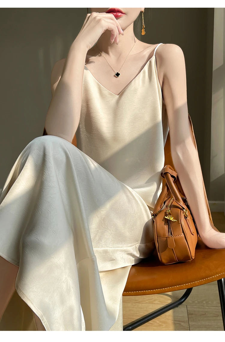 2025 New 100% Anti Wrinkle Mulberry Silk Strap Dress for Women's Summer New Loose Long Skirt