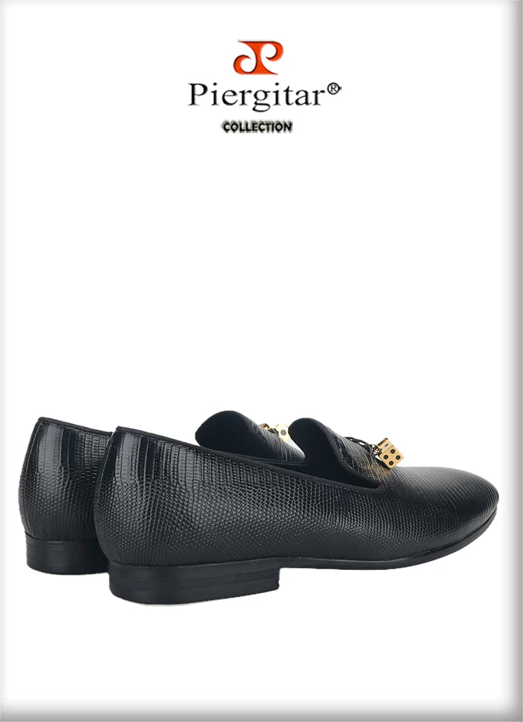 Piergitar Black Lizard Embossed Leather Men Loafers With Gold Titanium Steel Dice Buckle Tassels GZ Same Design Slip-On Moccasin