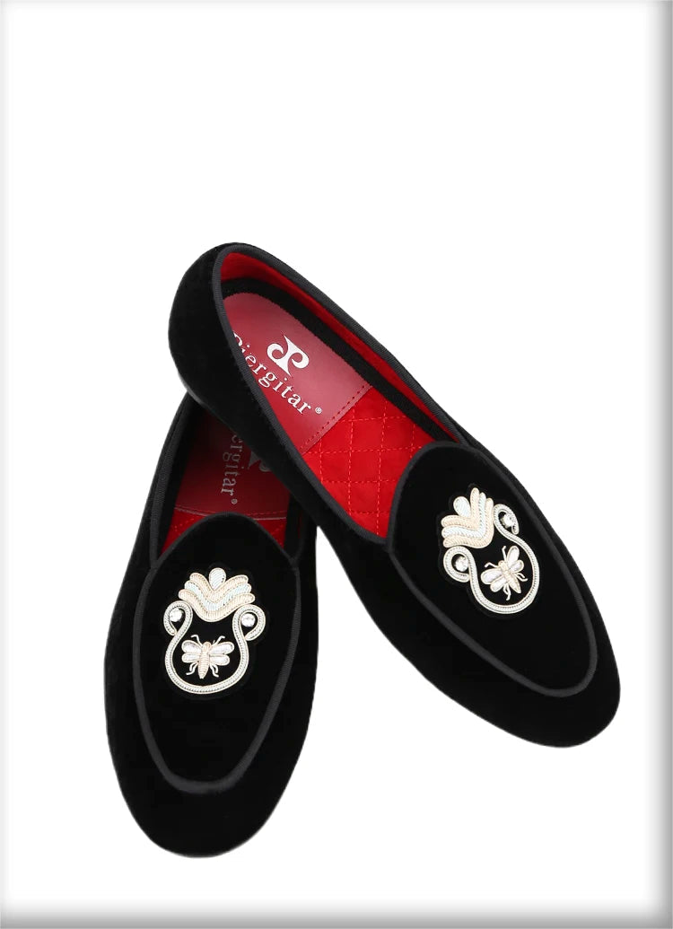 Black Velvet Men's Loafers with Embroidered Bee Rhinestone Patches and Red Outsole