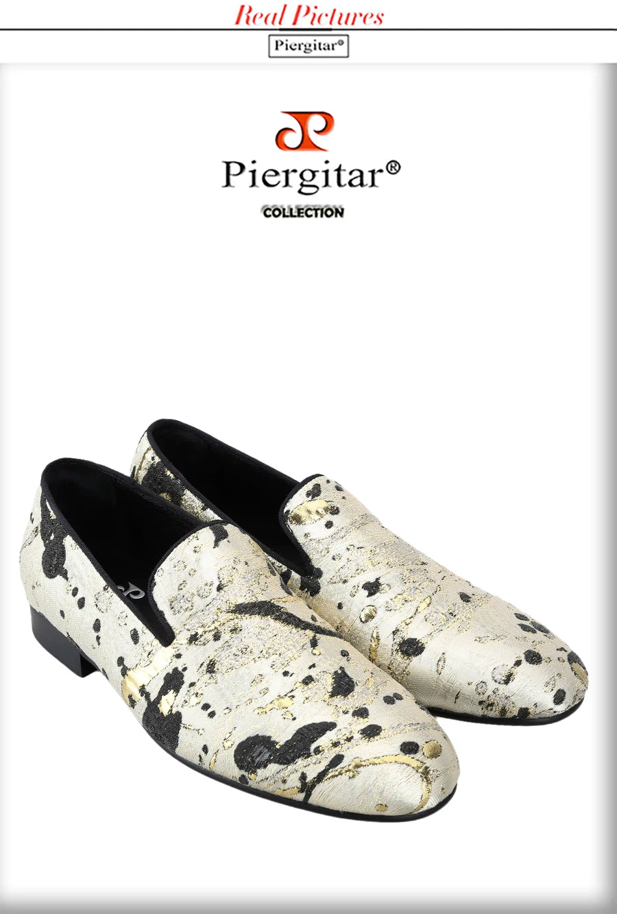 Piergitar Gold Color Ink Embossed Silk Men's Loafers Slip-On Model Handmade Moccasins For Wedding Breathable Leather Insole