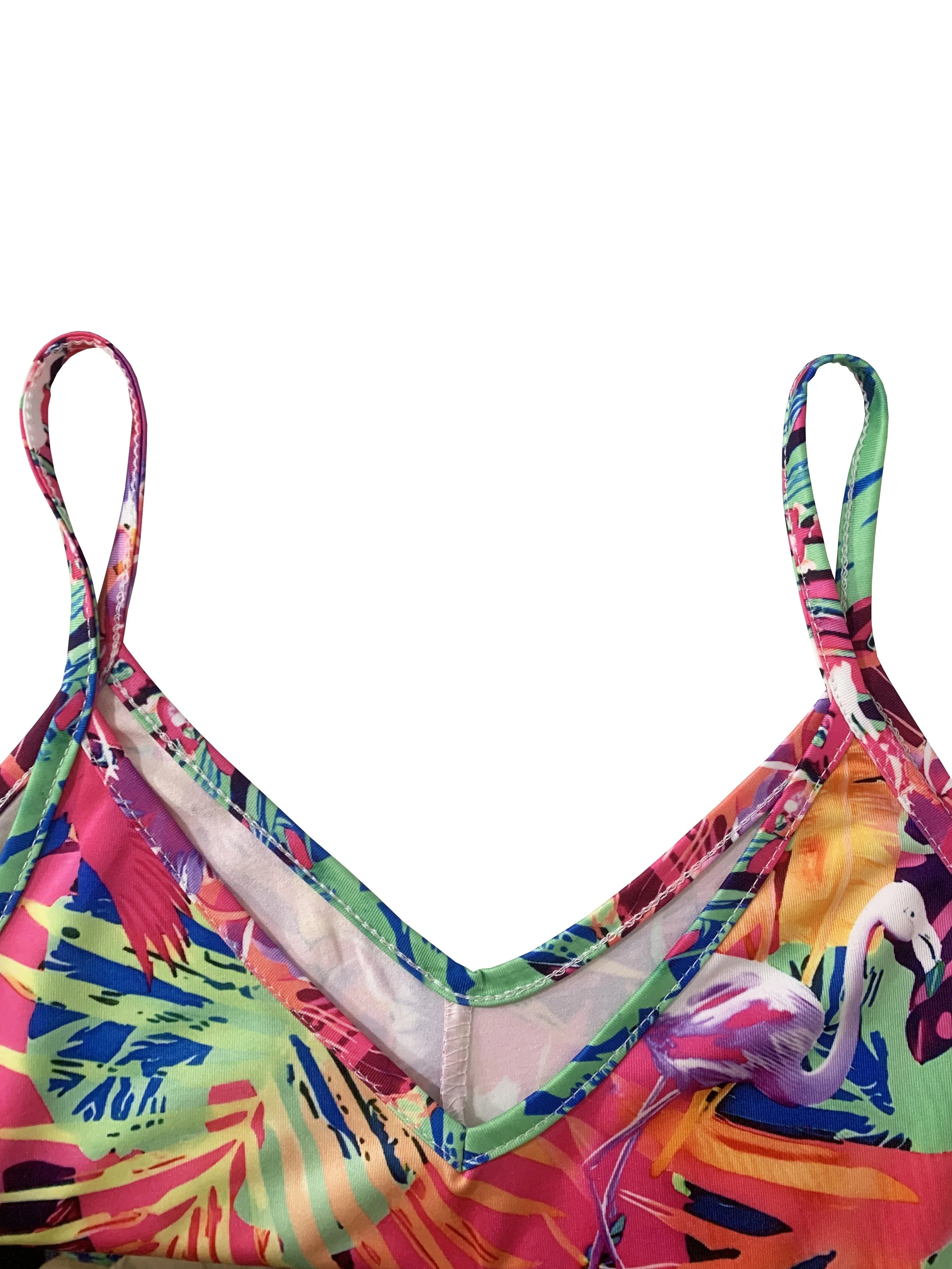 Tropical Printed Women's V-Neck Mini Dress For Summer,Sexy Vacation Beach Dress, Flowy Summer Party Dress for Women