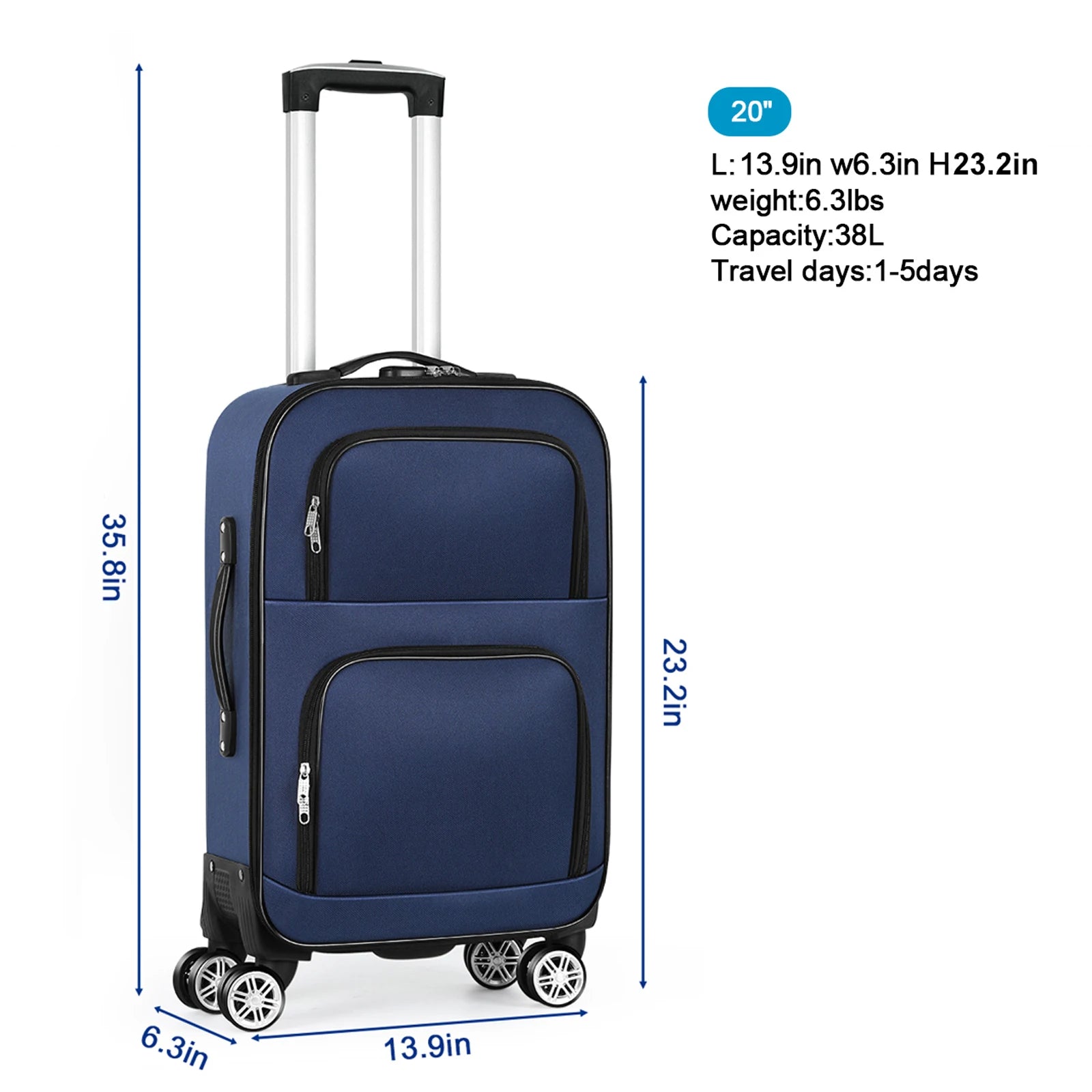 20 inch lightweight luggage with rotating wheels