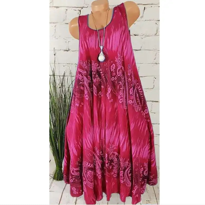 Elegant Floral Printed Lace Stitching O-Neck Sleeveless Women Summer Loose Tank Dress 2024